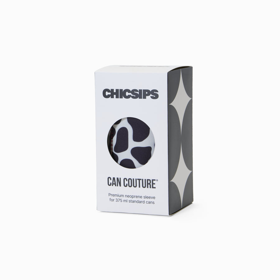 Can Couture packaging box with circular window showing cow print neoprene can sleeve