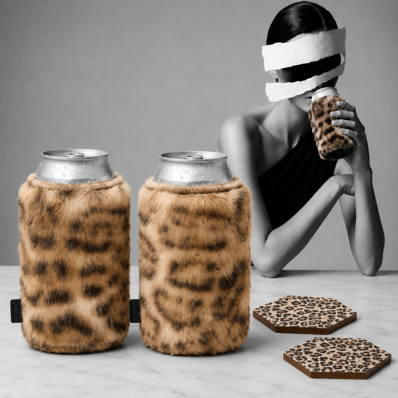 After Dark | 4-Piece Faux Fur Can Sleeve & Coaster Set