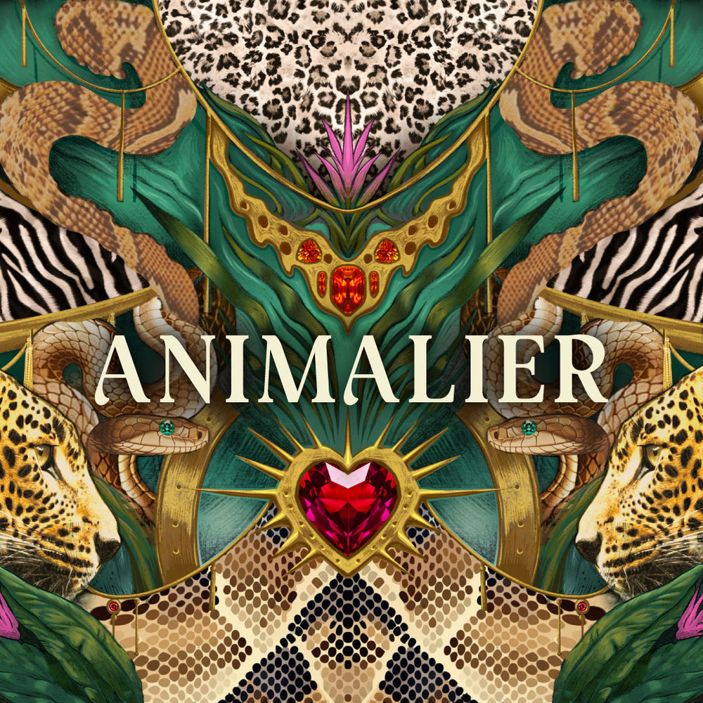 Chic Sips Animalier collection artwork featuring snakes and cheetahs with leopard, zebra and snake prints, green foliage, pink flowers and jewel details
