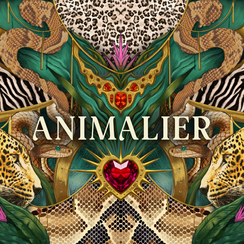 Chic Sips Animalier collection artwork featuring snakes and cheetahs with leopard, zebra and snake prints, green foliage, pink flowers and jewel details