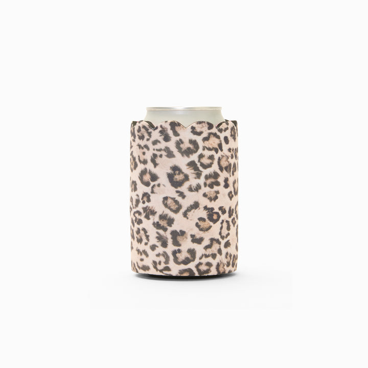 Leopard print can sleeve with scalloped edge, holding a can