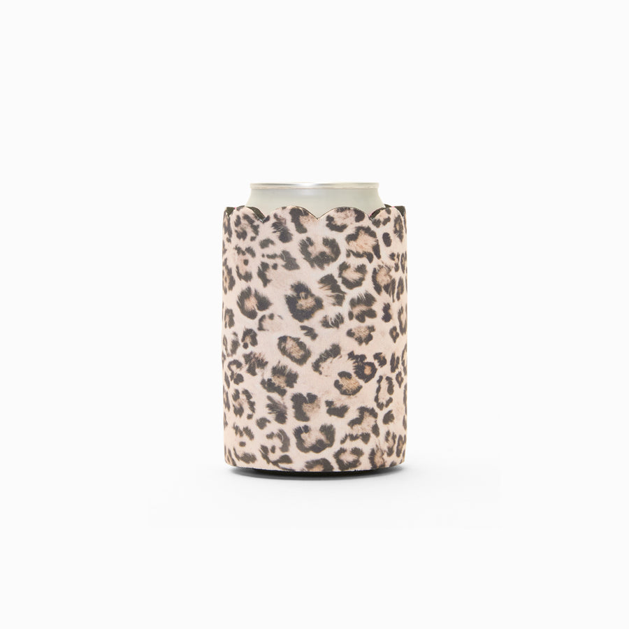 Leopard print can sleeve with scalloped edge, holding a can