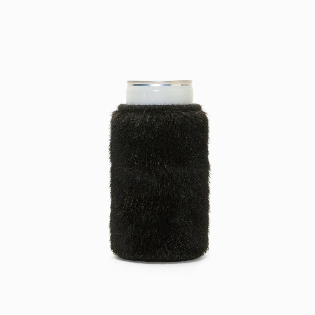 Black faux fur can sleeve, holding a can