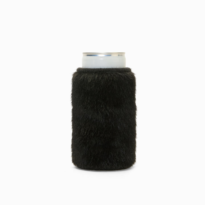 Black faux fur can sleeve, holding a can