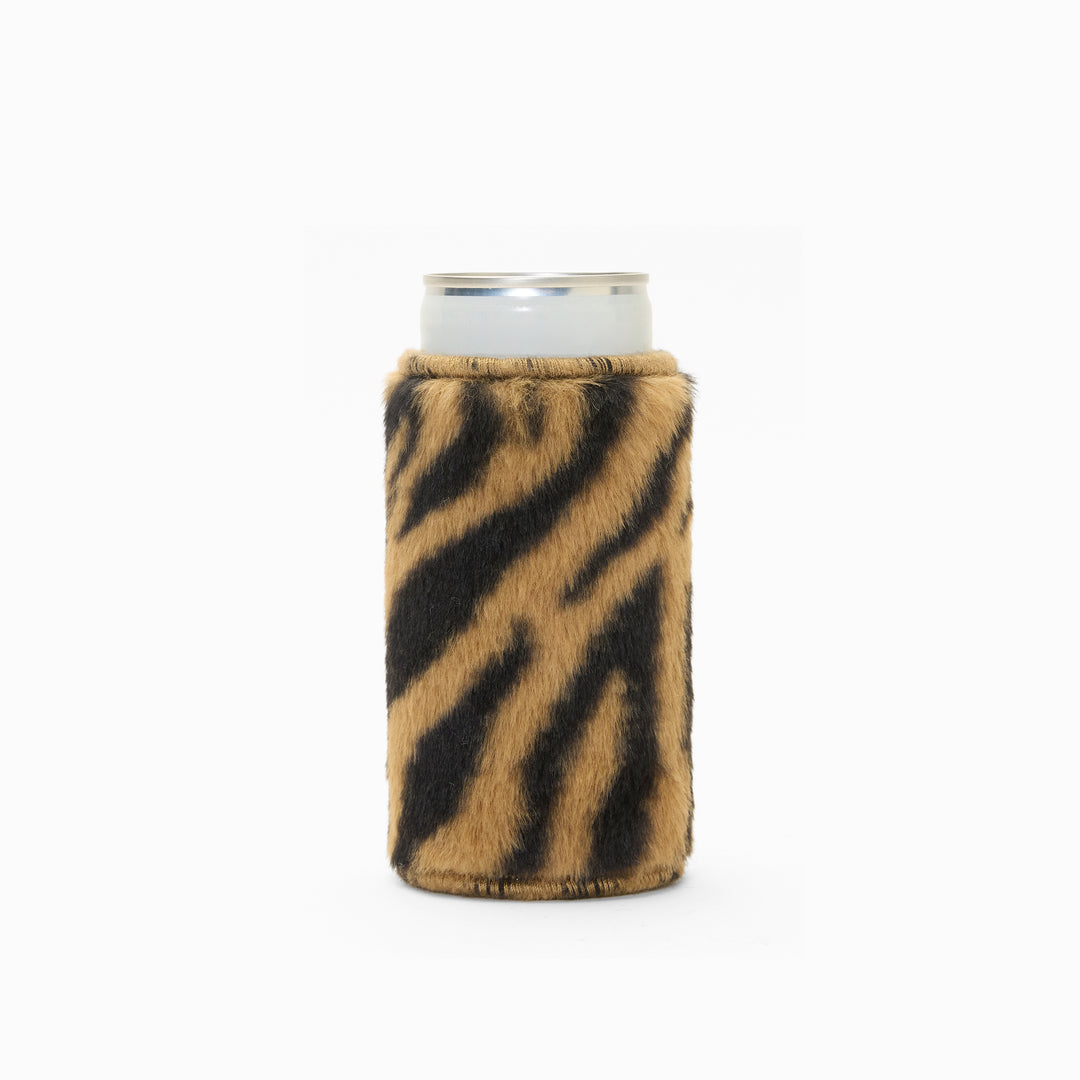 Tiger print faux fur can sleeve, holding a can
