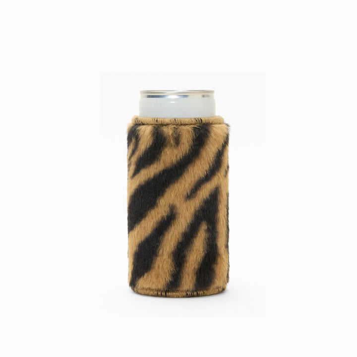 Tiger print faux fur can sleeve, holding a can
