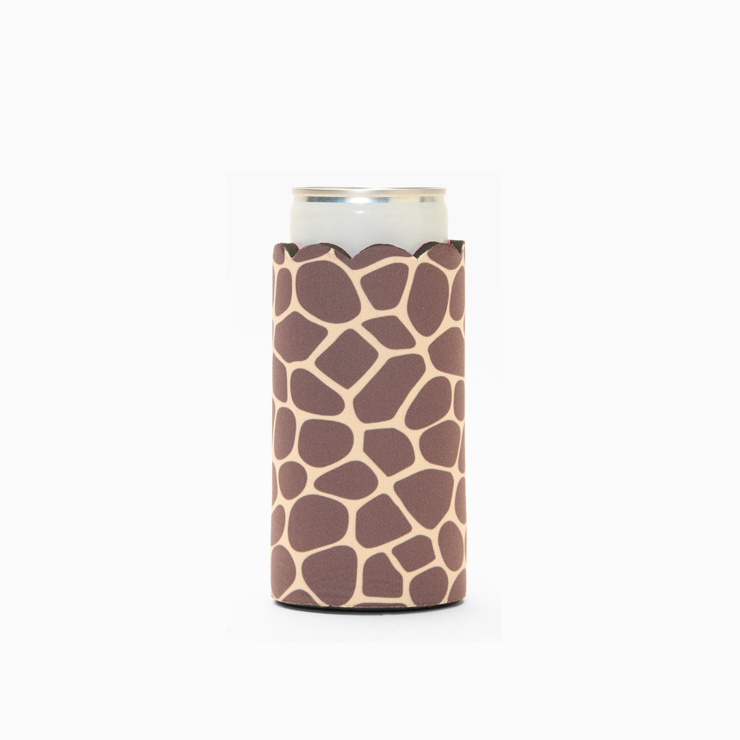 Giraffe print can sleeve with scalloped edge, holding a can