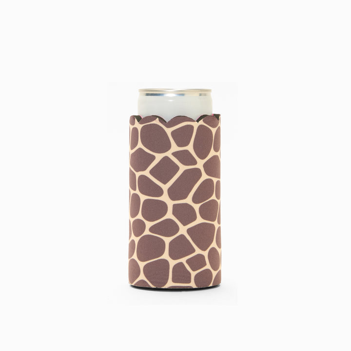 Giraffe print can sleeve with scalloped edge, holding a can