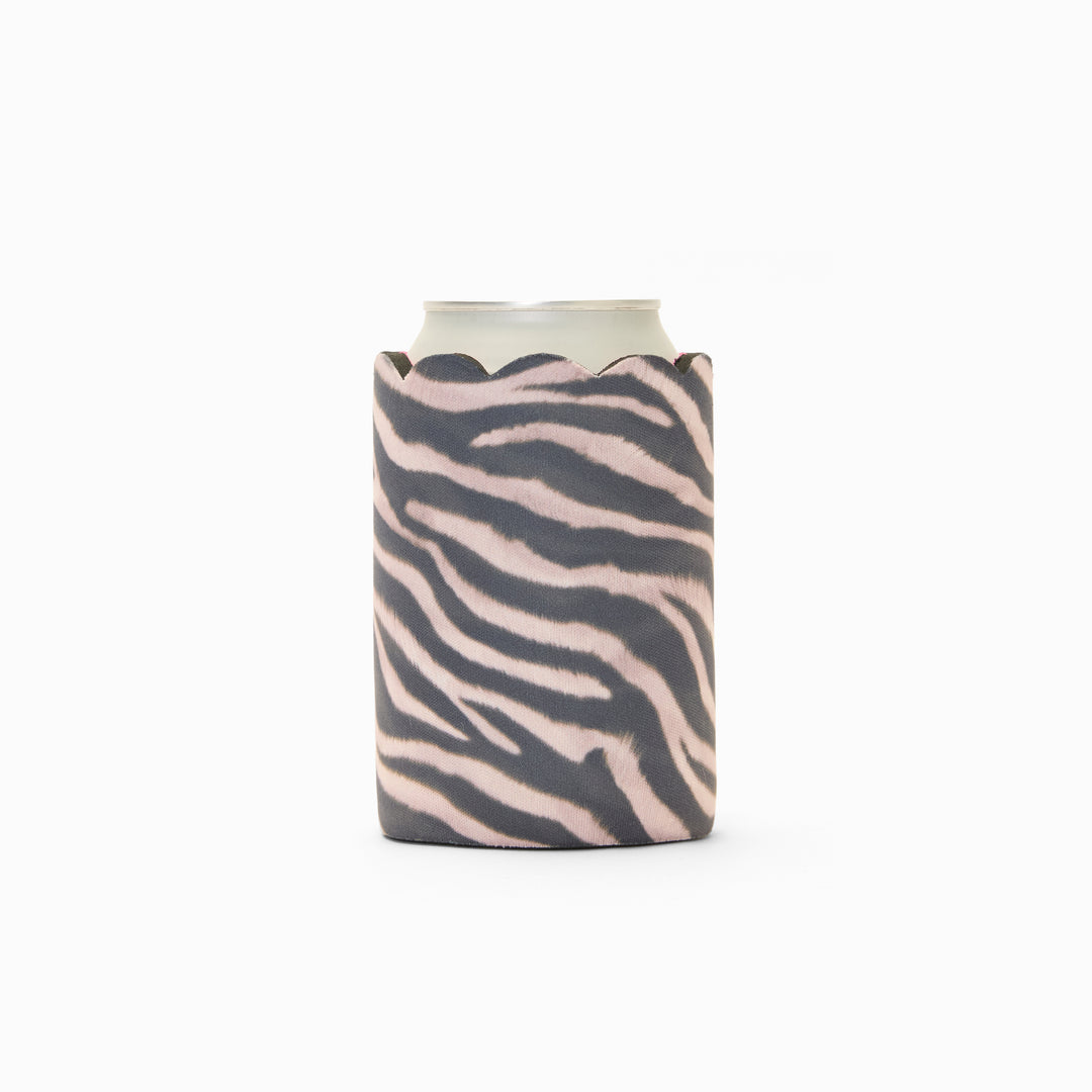 Zebra print can sleeve with scalloped edge, holding a can