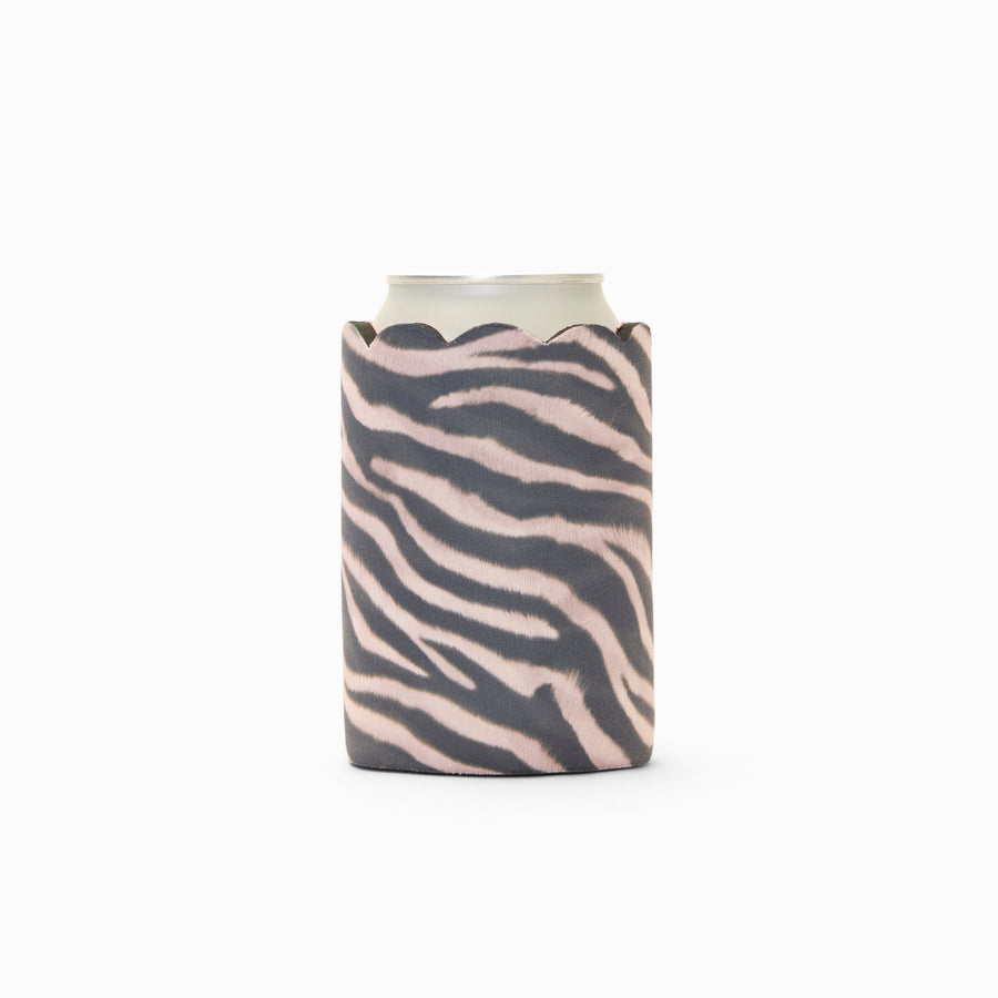 Zebra print can sleeve with scalloped edge, holding a can