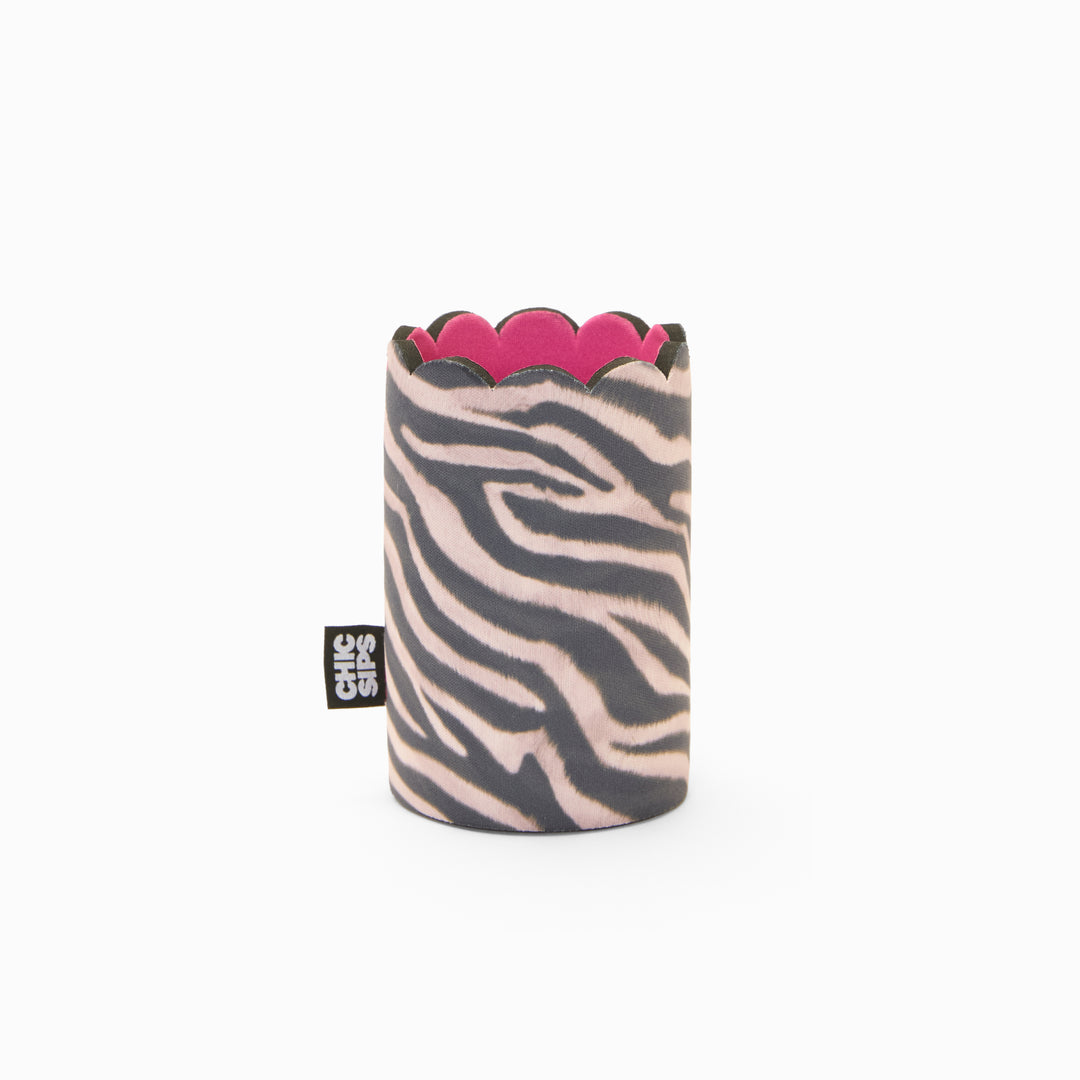 Zebra print can sleeve with scalloped edge and pink lining