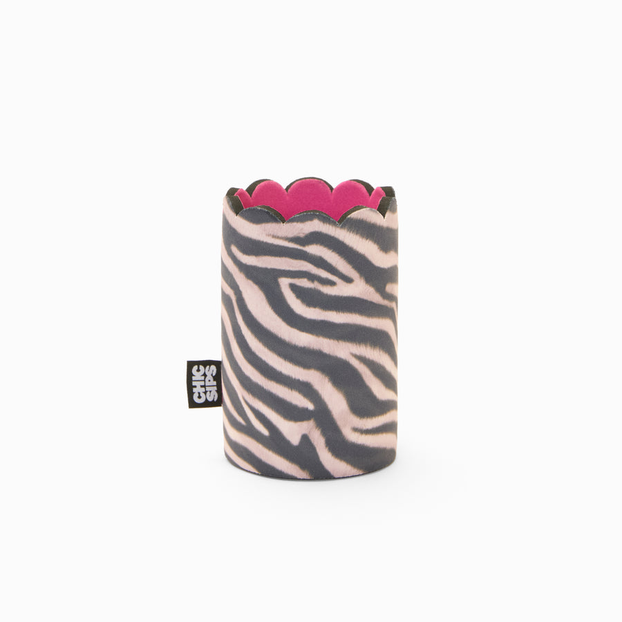 Zebra print can sleeve with scalloped edge and pink lining