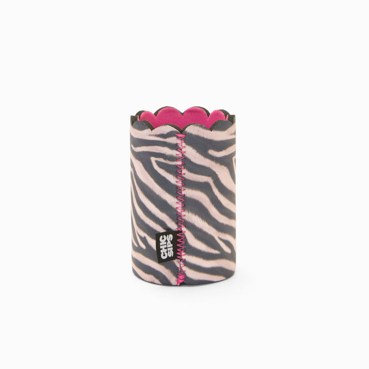 Zebra print can sleeve with scalloped edge, pink lining and pink zigzag seam