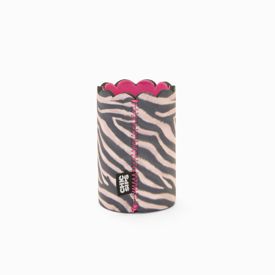 Zebra print can sleeve with scalloped edge, pink lining and pink zigzag seam