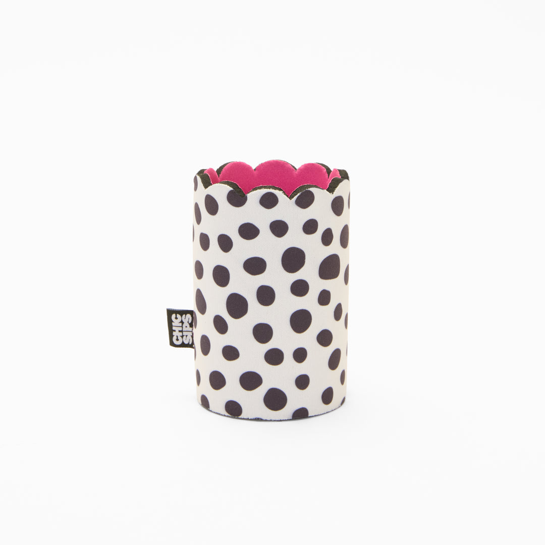 Black and white polka dot can sleeve with scalloped edge and pink lining