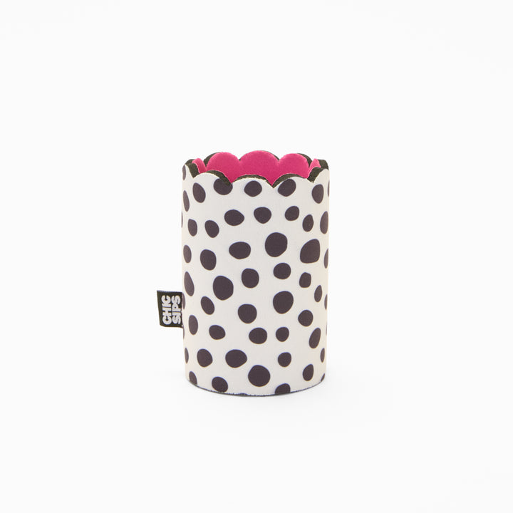 Black and white polka dot can sleeve with scalloped edge and pink lining