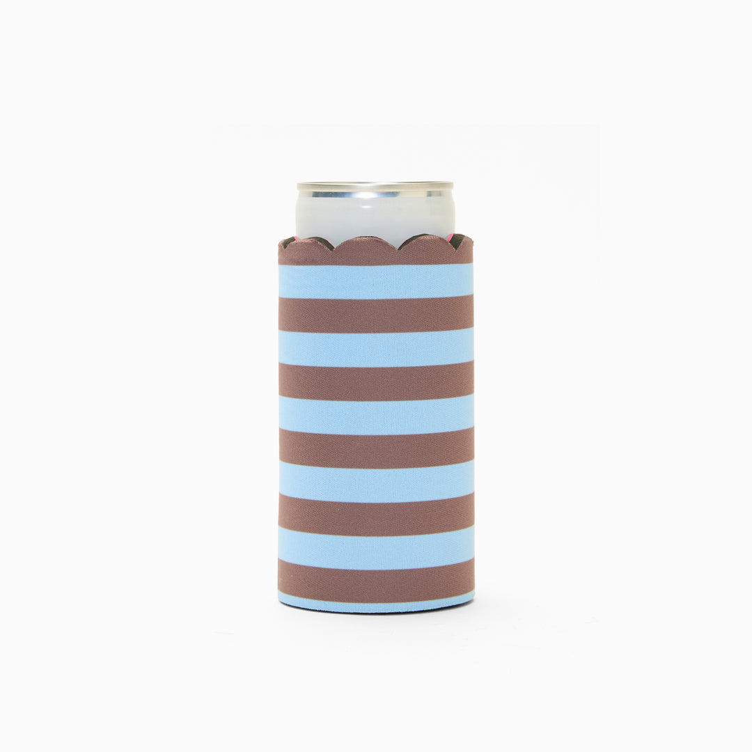 Blue and chocolate stripe print can sleeve with scalloped edge, holding a can