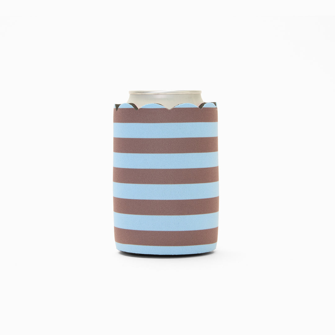 Blue and chocolate stripe print can sleeve with scalloped edge, holding a can