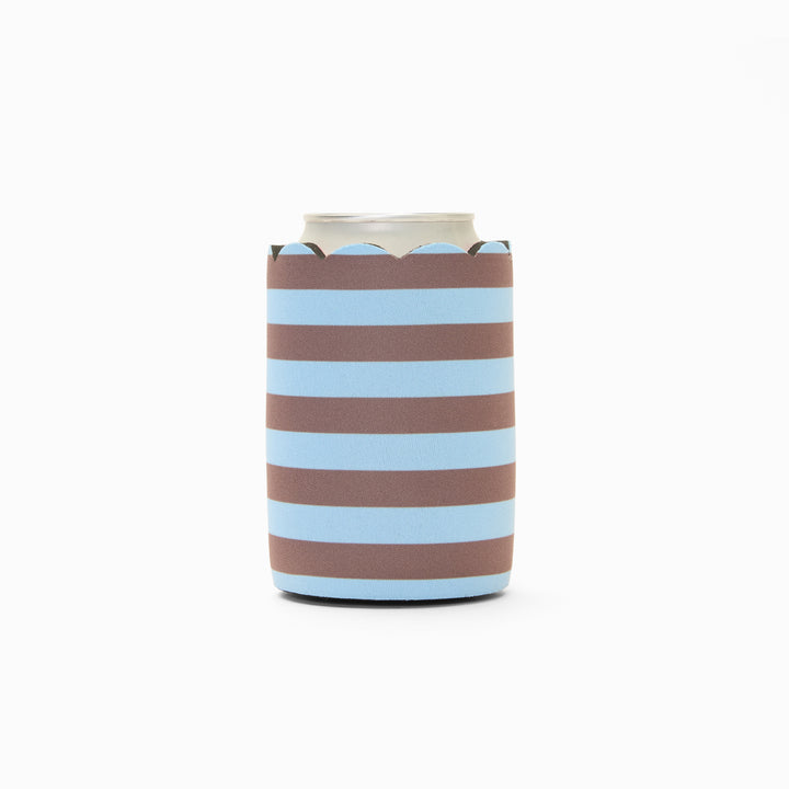 Blue and chocolate stripe print can sleeve with scalloped edge, holding a can