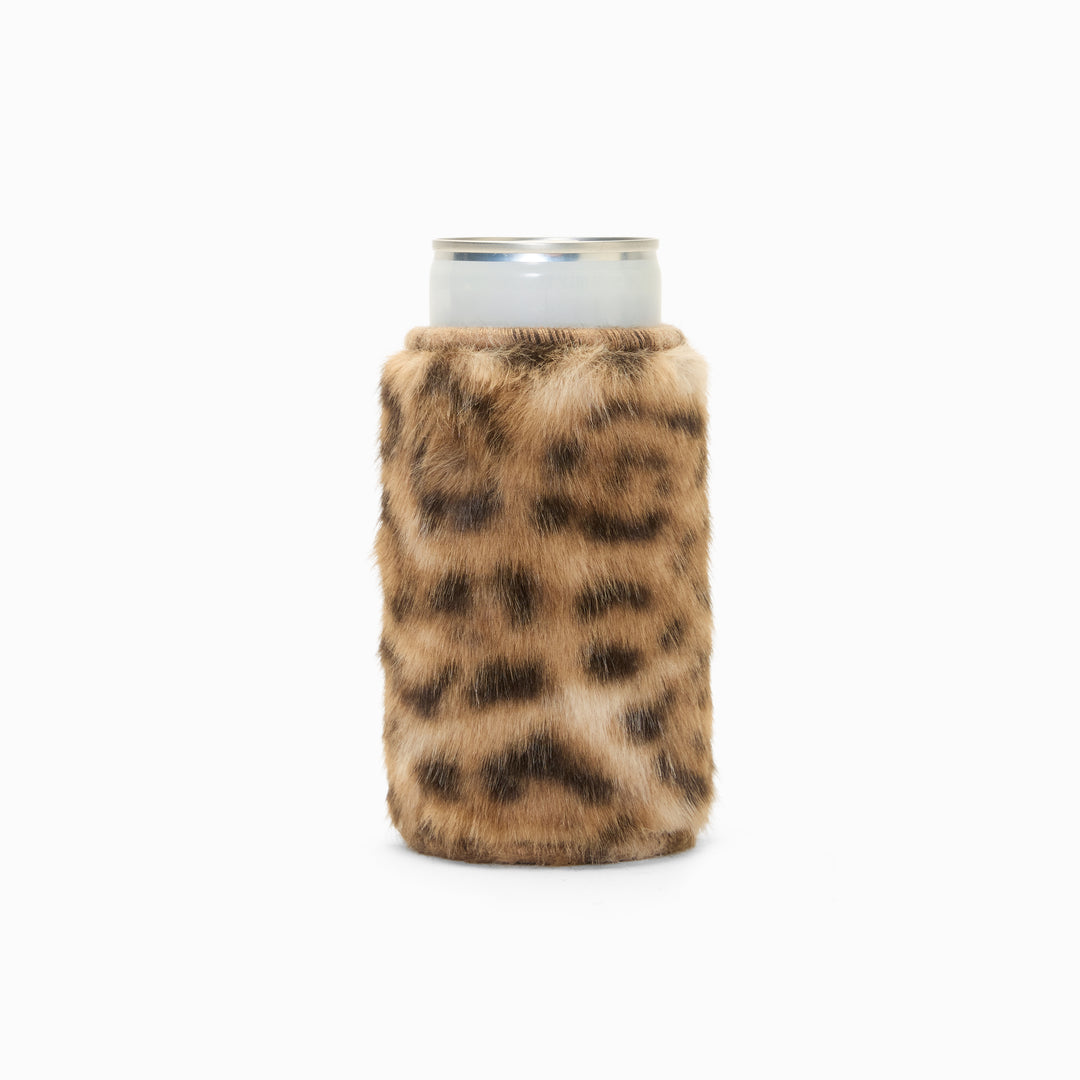 Leopard print faux fur can sleeve, holding a can