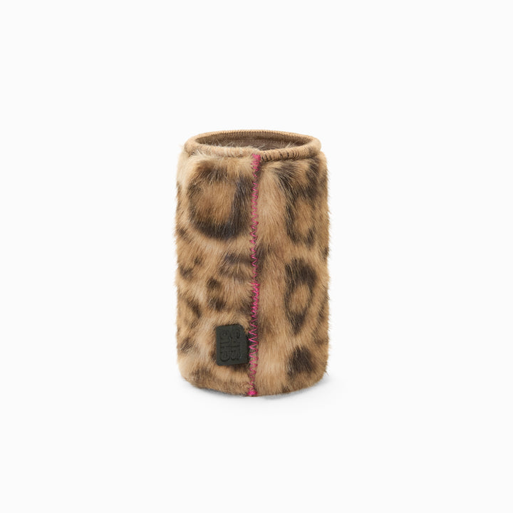 Leopard print faux fur can sleeve with pink zigzag seam