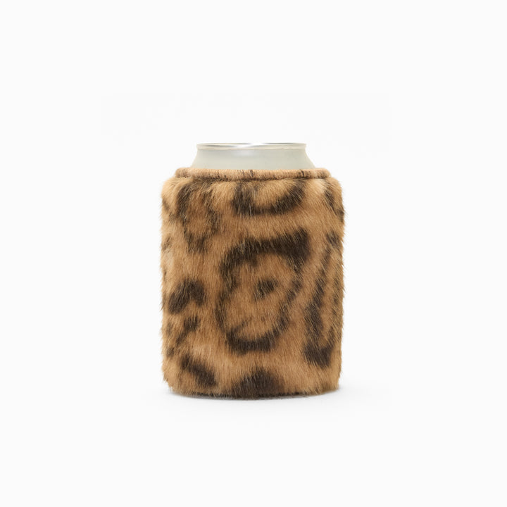 Leopard print faux fur can sleeve, holding a can