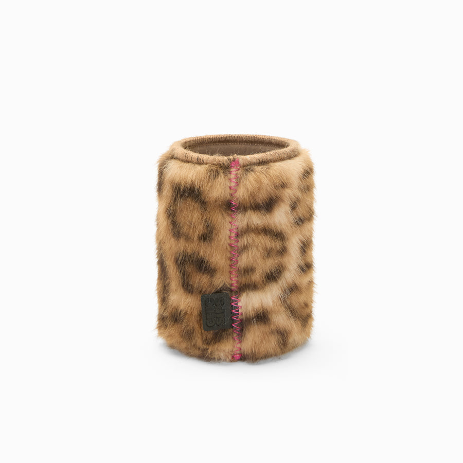 Leopard print faux fur can sleeve with pink zigzag seam