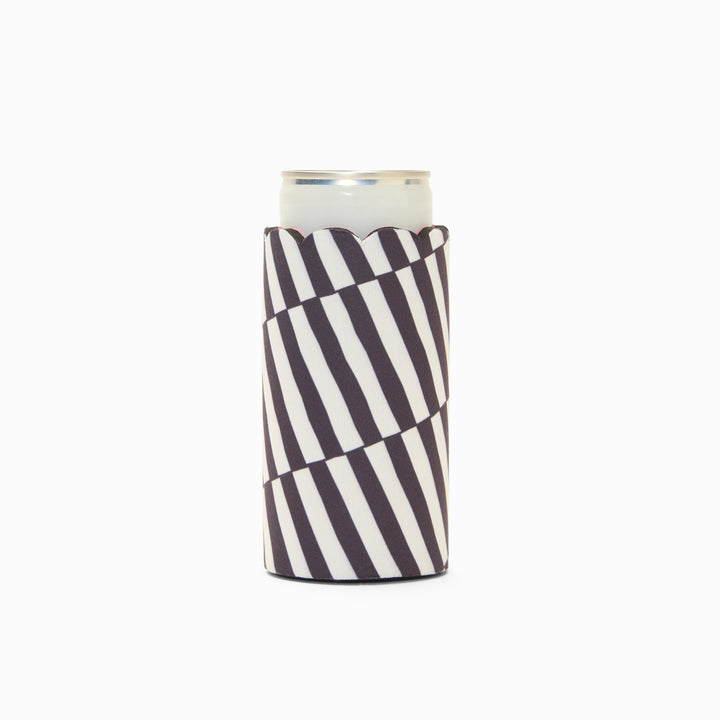 Black and white stripe print can sleeve with scalloped edge, holding a can