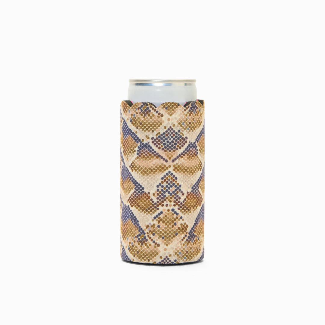 Snake print can sleeve with scalloped edge, holding a can