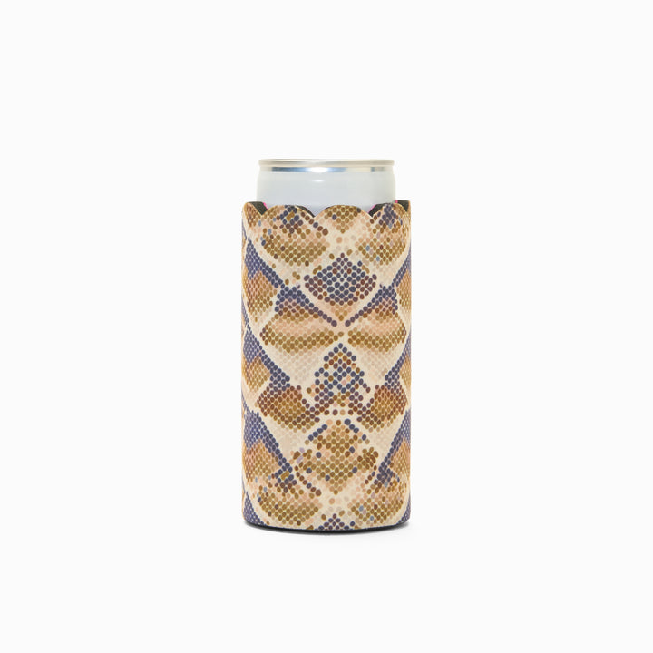 Snake print can sleeve with scalloped edge, holding a can
