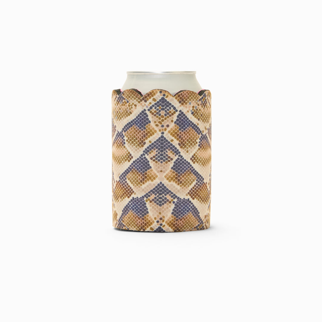 Snake print can sleeve with scalloped edge, holding a can