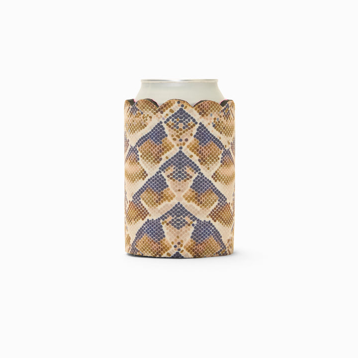 Snake print can sleeve with scalloped edge, holding a can