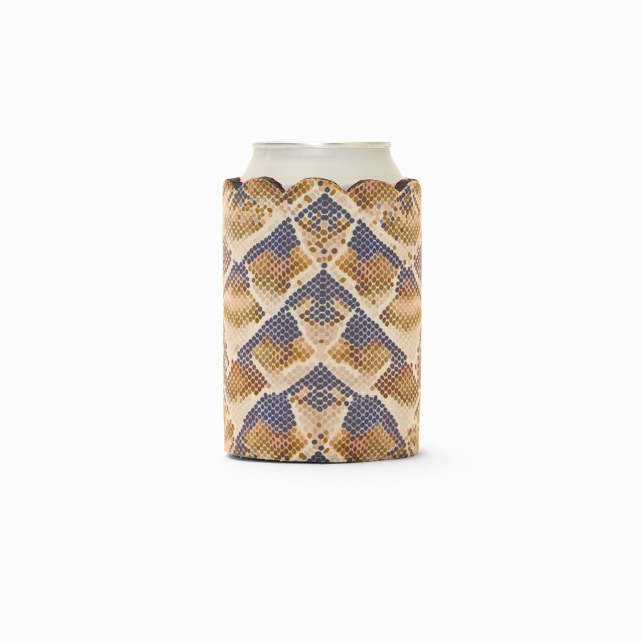 Snake print can sleeve with scalloped edge, holding a can