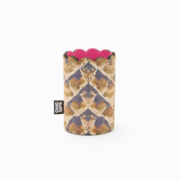Snake print can sleeve with scalloped edge and pink lining