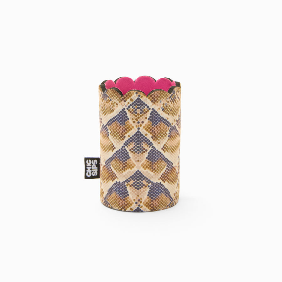 Snake print can sleeve with scalloped edge and pink lining