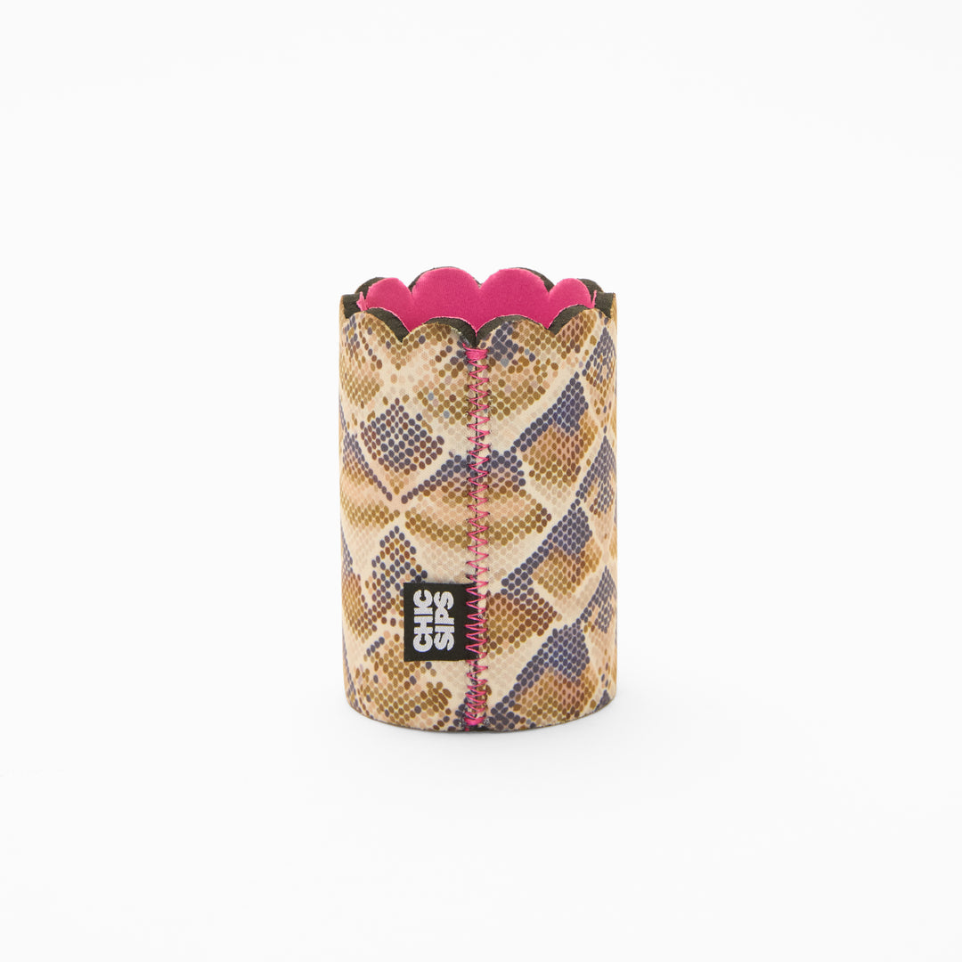Snake print can sleeve with scalloped edge, pink lining and pink zigzag seam