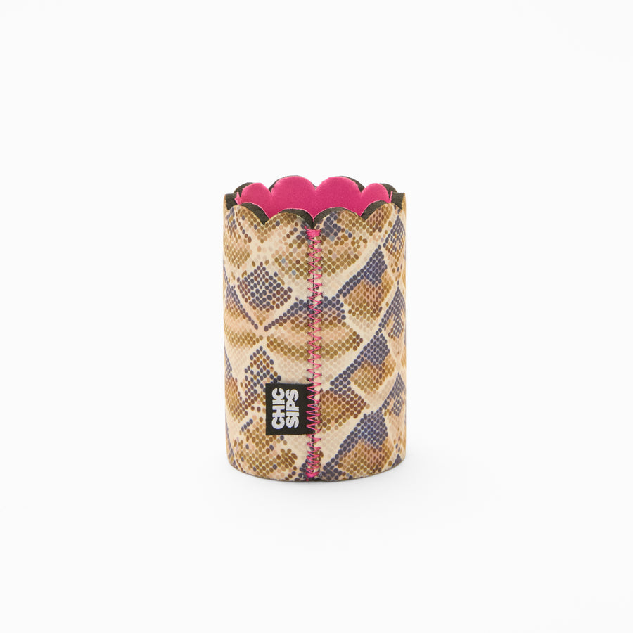 Snake print can sleeve with scalloped edge, pink lining and pink zigzag seam