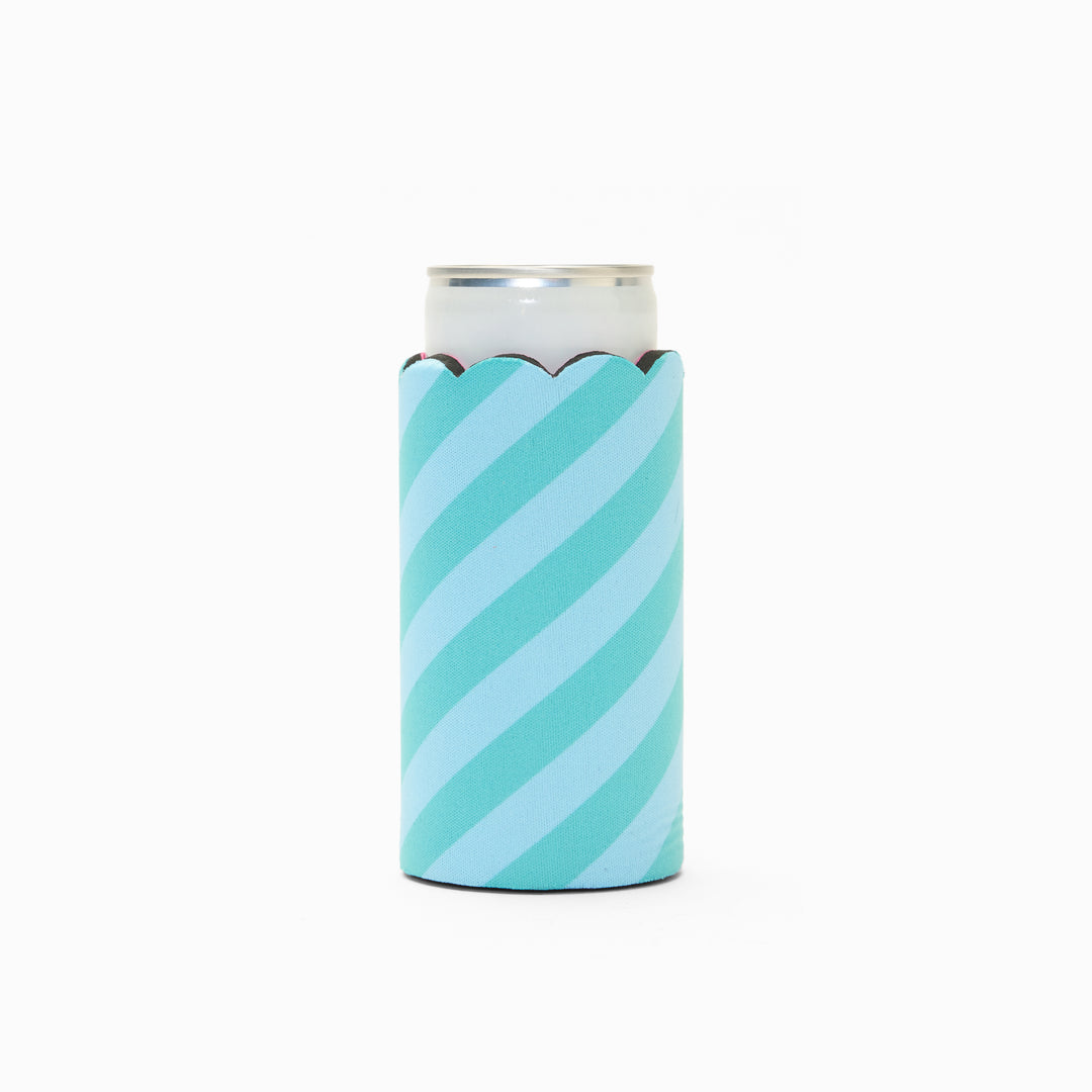 Blue and green stripe print can sleeve with scalloped edge, holding a can