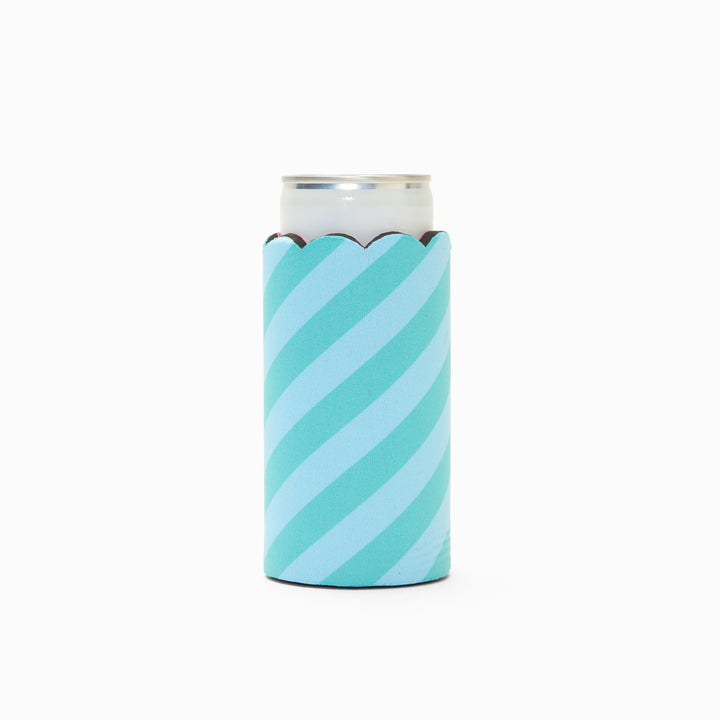 Blue and green stripe print can sleeve with scalloped edge, holding a can
