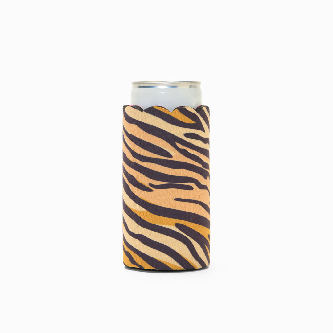 Tiger print can sleeve with scalloped edge, holding a can