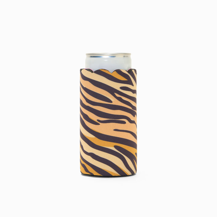 Tiger print can sleeve with scalloped edge, holding a can