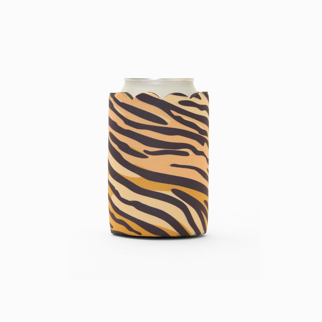 Tiger print can sleeve with scalloped edge, holding a can
