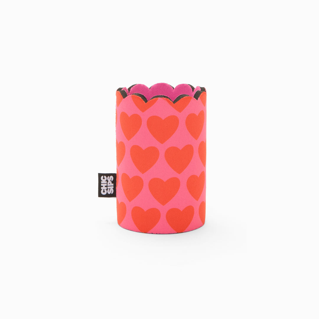 Pink and red heart print can sleeve with scalloped edge and pink lining