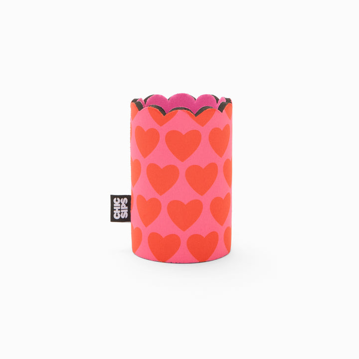 Pink and red heart print can sleeve with scalloped edge and pink lining