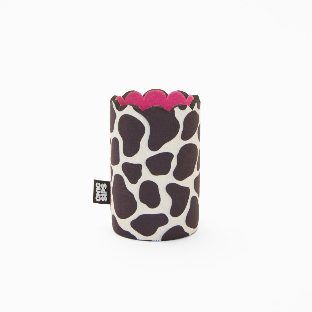 Cow print can sleeve with scalloped edge and pink lining