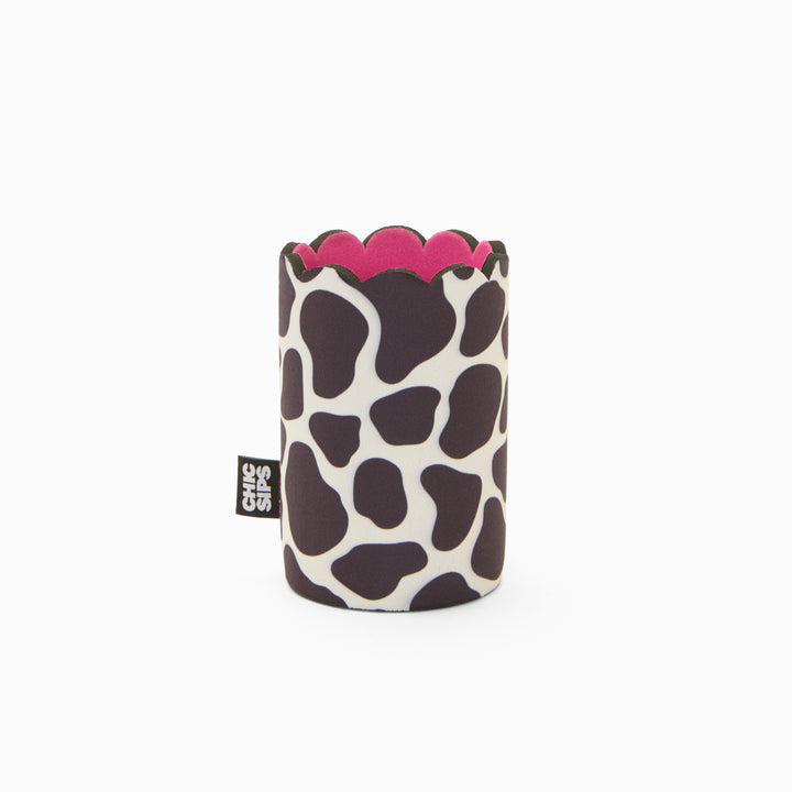 Cow print can sleeve with scalloped edge and pink lining