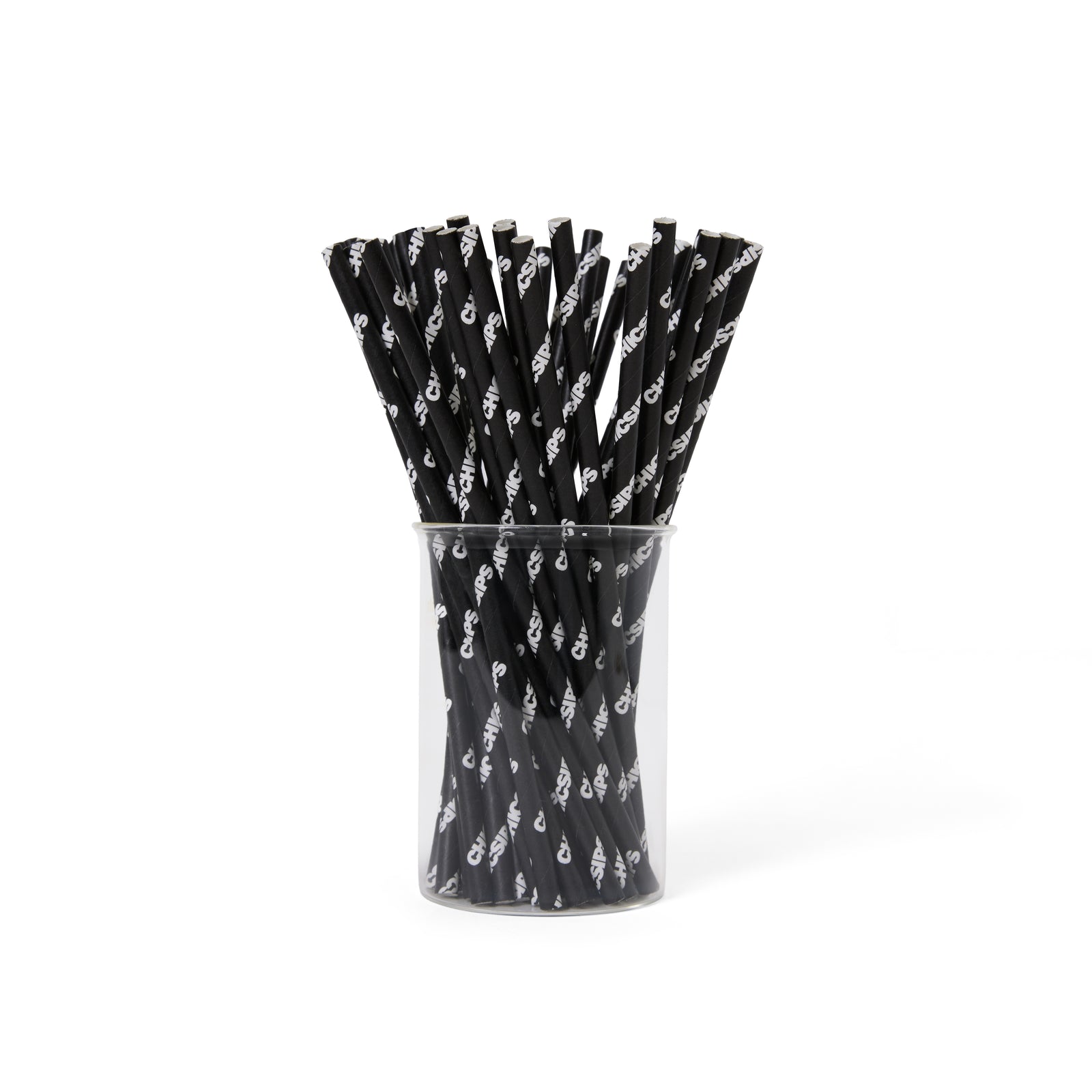 Chic Sips signature branded black paper drinking straws with repeating logo