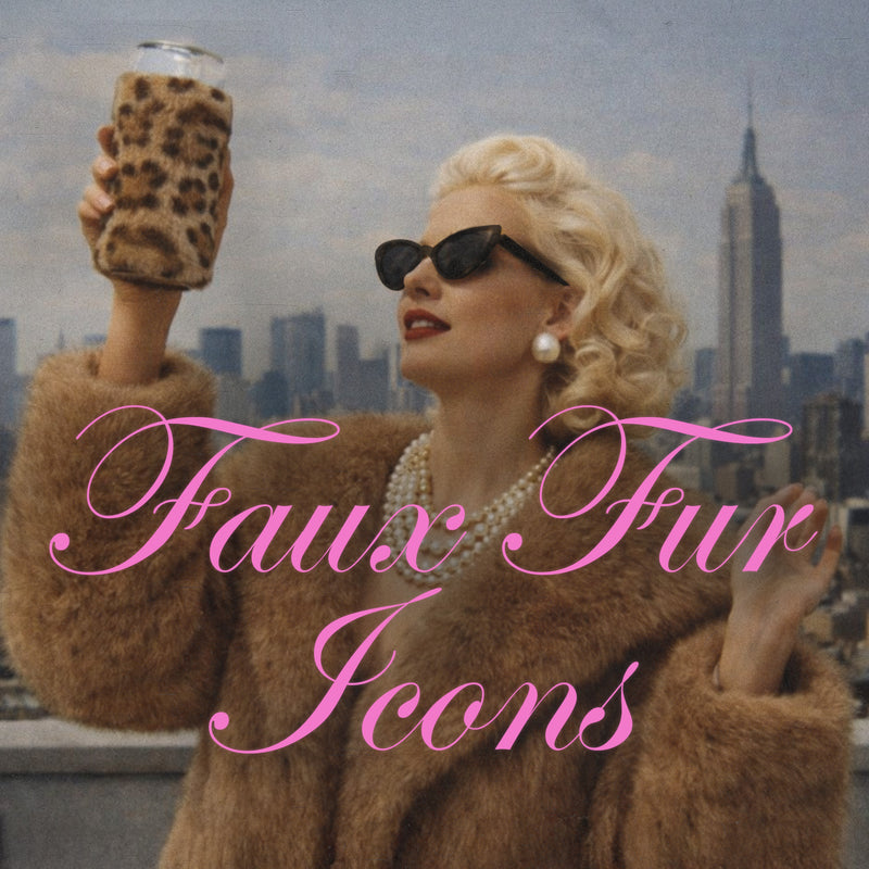 Vintage-inspired blonde woman in a fur jacket, pearls and sunglasses holding a Chic Sips leopard print faux fur can sleeve against a city skyline backdrop