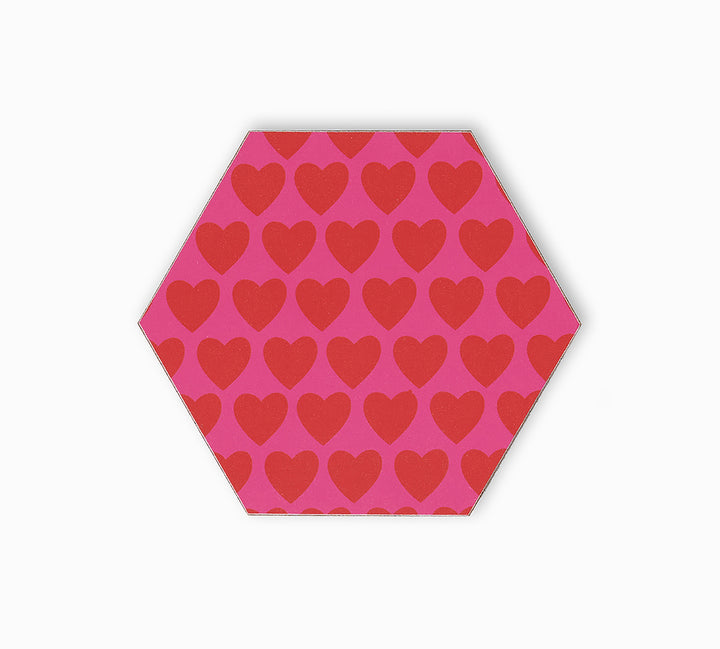 Pink and red heart print hexagonal coaster