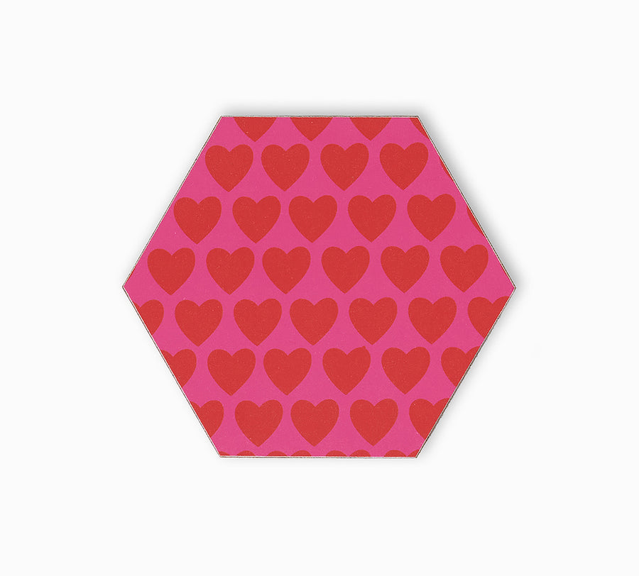 Pink and red heart print hexagonal coaster